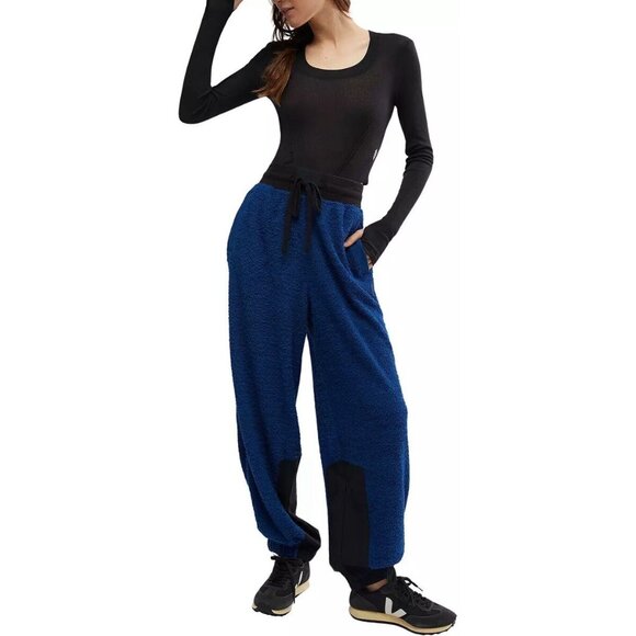 Free People Movement Women's S Cuddle Up Fleece Cozy Blue and Black Jogger Pants - Picture 1 of 9